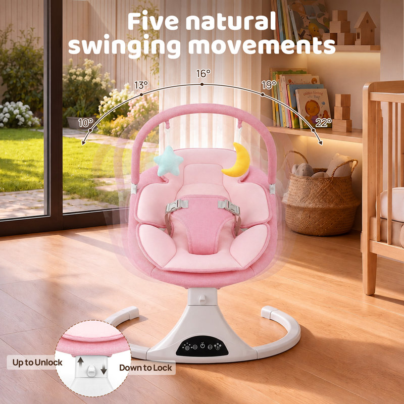 Balancelle électrique pour bébé avec télécommande, 5 vitesses, portable et confortable (0 à 6 mois, rose)