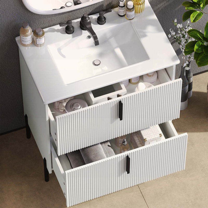 30 Inch Bathroom Vanity with Sink,Full-Extension Drawers,Soft Close Slides,and Fluted Design, White/Black