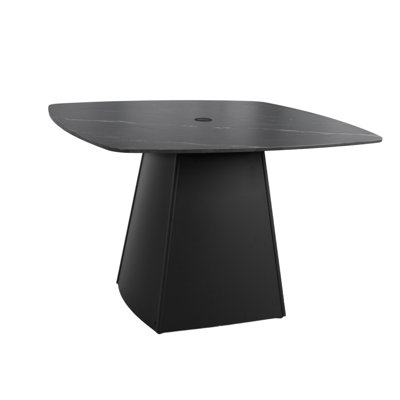Modern 44" Rounded Square Outdoor Pedestal Dining Table, Black Sintered Stone Top, Flared Pyramid Aluminum Pedestal Base, Weather-Resistant, Rust-Free, For Patio, Deck, Poolside, Balcony – Seats 4