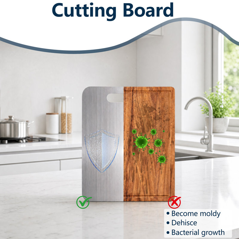 Planche à découper en acier inoxydable, facile à nettoyer, compatible au lave-vaisselle, durable et élégante avec son design argenté.
