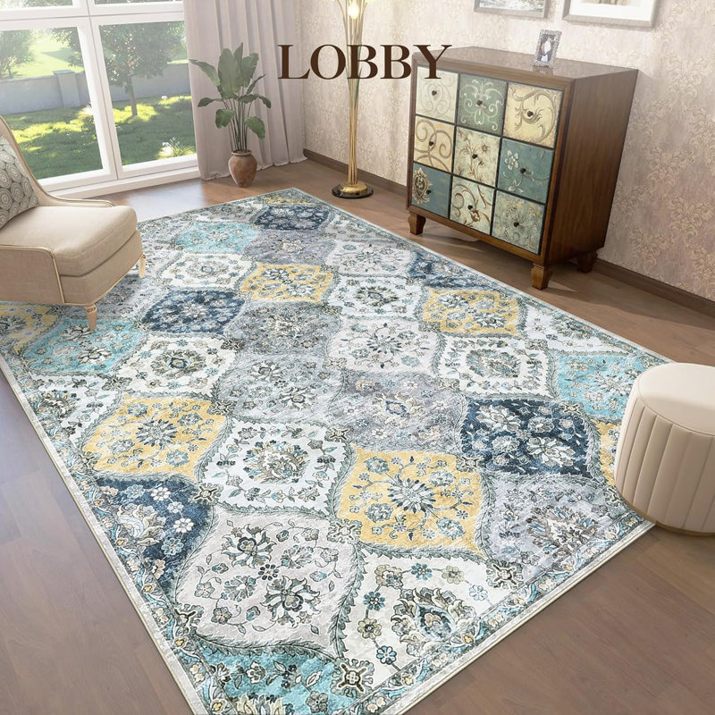 Vintage Flower Rug – Washable, Stain-Resistant, Faux Wool Accent Carpet for Living Room, Bedroom, Easy Clean (Orange)