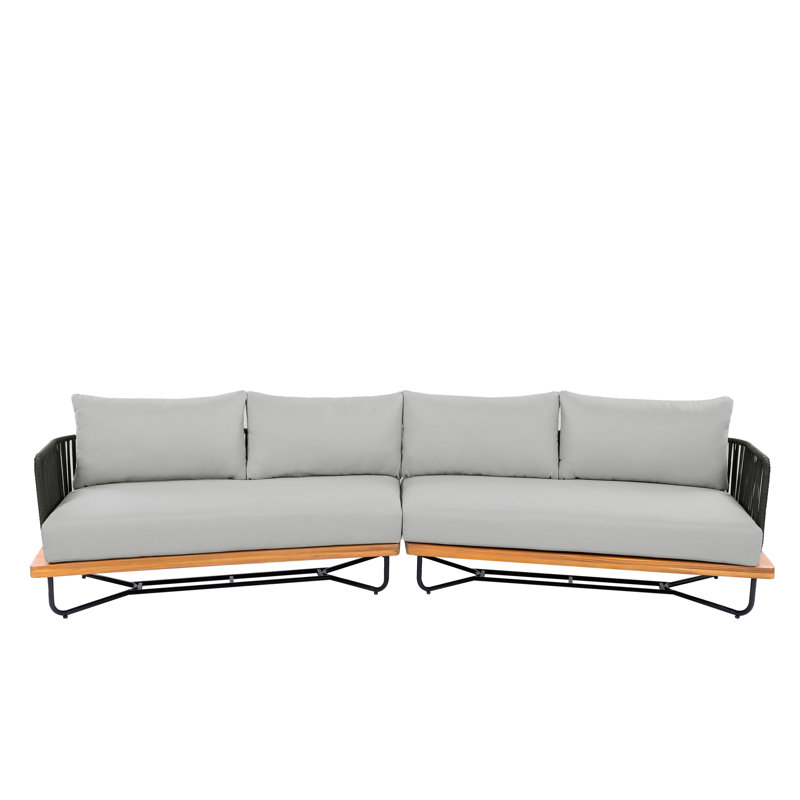 Jackston Outdoor Acacia Wood Rope Woven Sofa With Cushions, 4, Gray Cushion/Black Rope Teak Frame