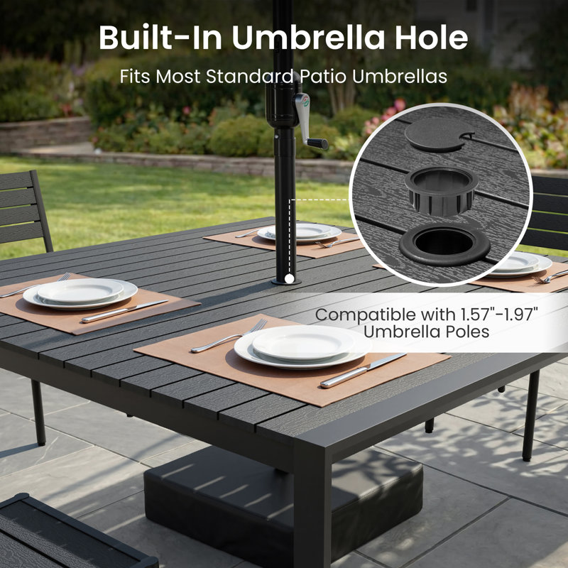 Ensemble repas pour 8 personnes en aluminium avec trou pour parasol et chaises pliantes réglables, Noir, Noir