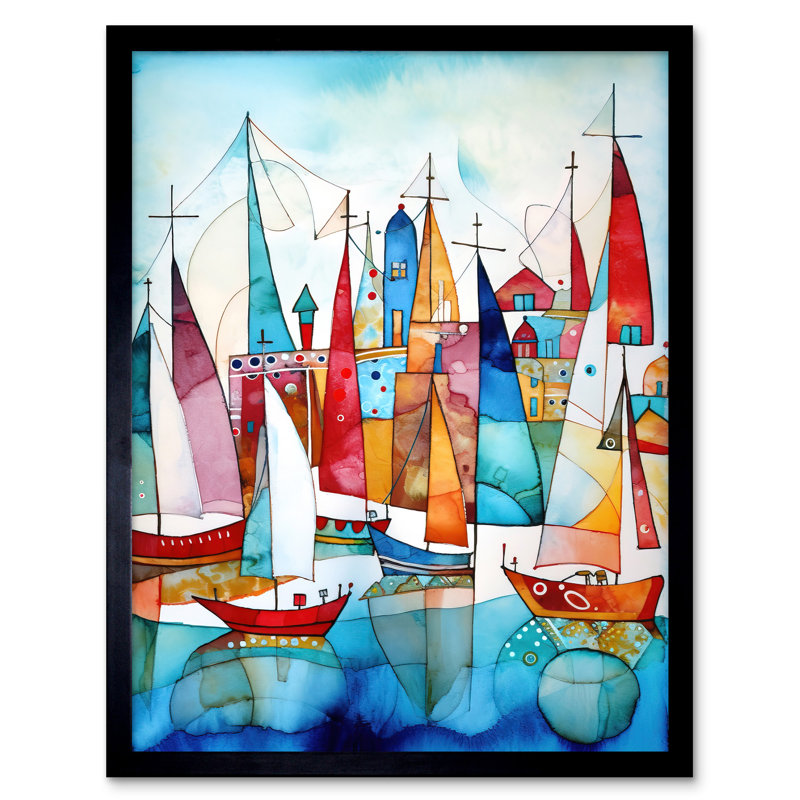 Harbour Boats Abstract Folk Art Watercolour Painting Art Print Framed Poster Wall Decor 12x16 inch