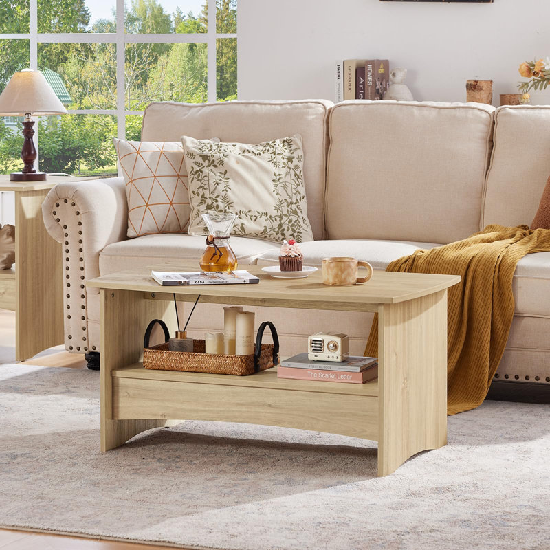 Table basse de style champêtre avec rangement ouvert à 2 niveaux et bords arrondis, Chêne