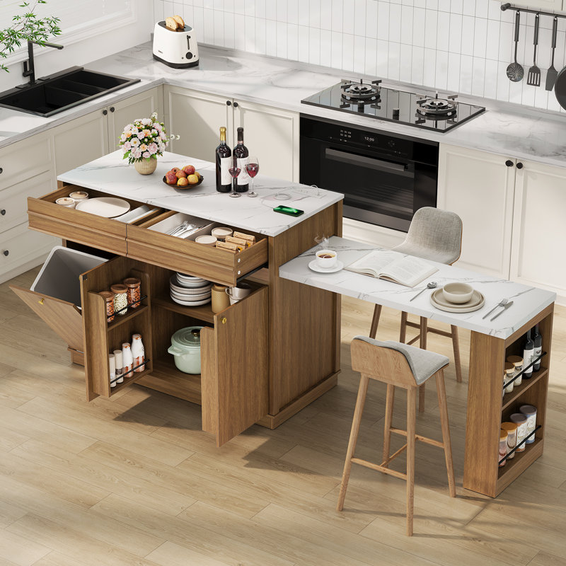 Îlot de cuisine avec table à manger extensible, dessus en faux marbre et prises électriques, Oak