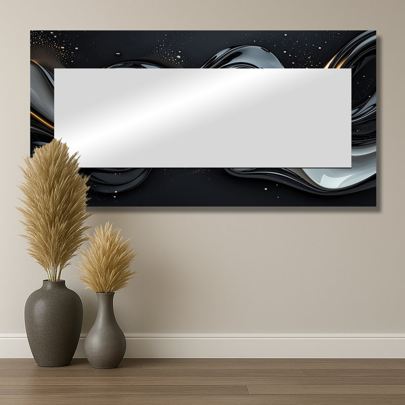 Fractal Black And Grey Peano Curve II - Fractals Mirror Wall Decor - Printed On Metal, 28" x 55"