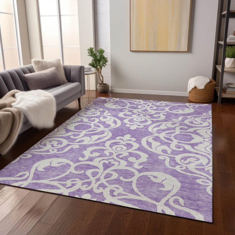 Purple and White Synthetic Flat Woven Rectangular Rug