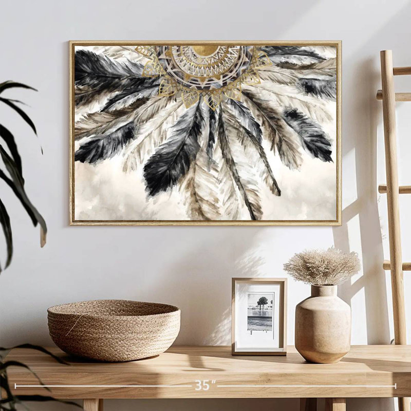Collier de plumes III, 25 po x 17 po, Cadre flottant en bois naturel