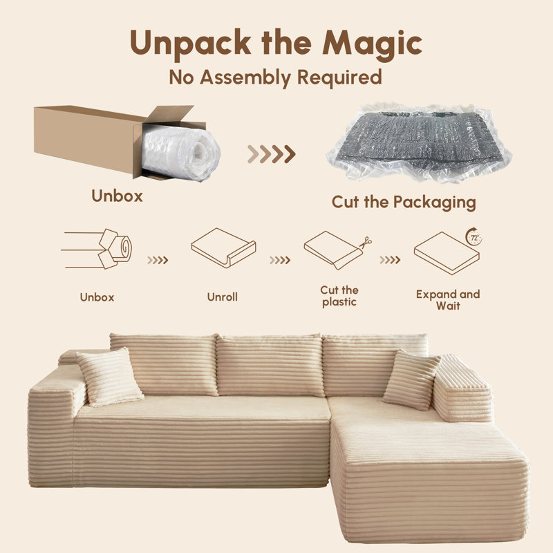 3-Piece No-Assembly Living Room Set, Modern Sectional Sofa With Loveseat And Chaise Lounge, Right Hand Facing, Beige Corduroy