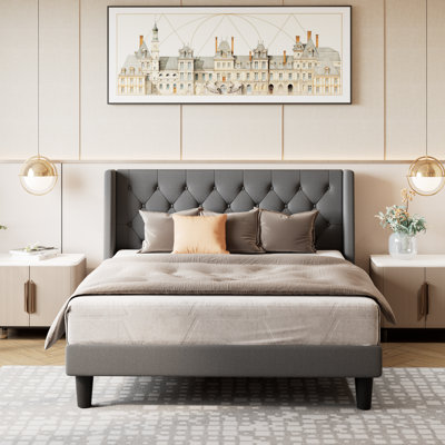 Hilbert Upholstered Low Profile Platform Bed Frame with Headboard by Lark Manor