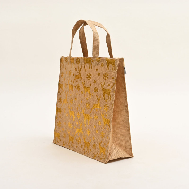 Sac-cadeau de Noël en jute avec renne doré et motif flocon de neige