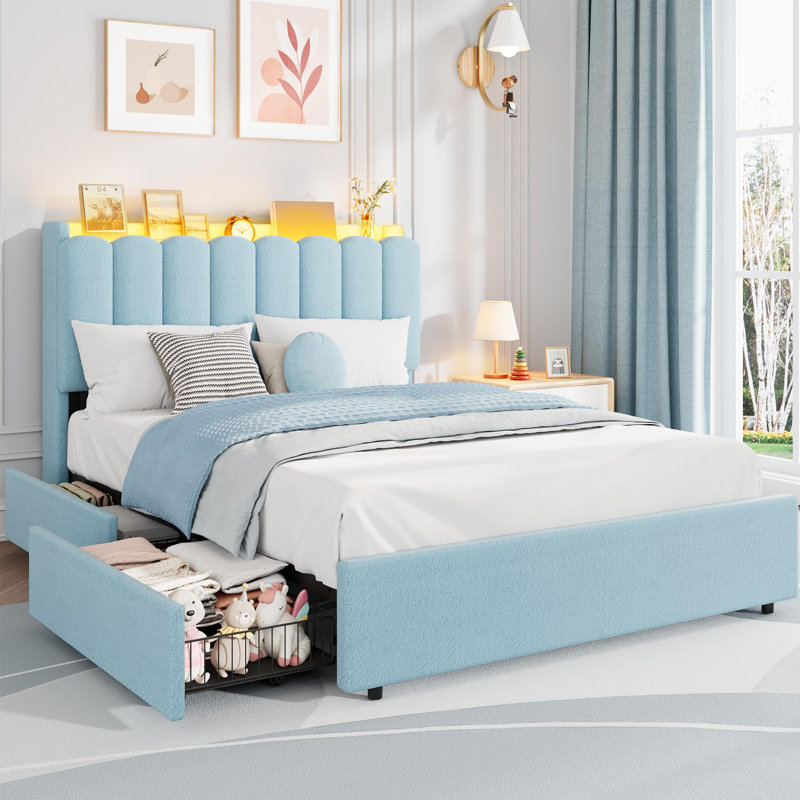 Structure de lit à DEL pleine grandeur avec 2 tiroirs de rangement pour enfants, lit plateforme tapissier avec tête de lit Boucle, tête de lit ondulée chic avec bibliothèque, aucun sommier nécessaire