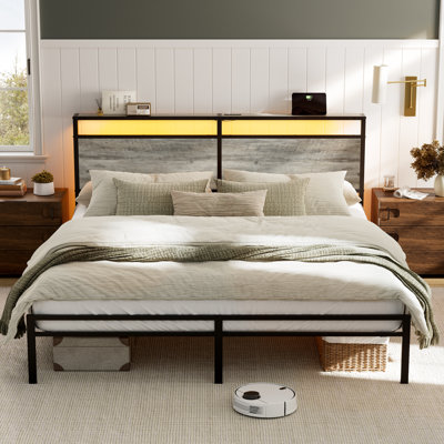 Antioch King Bed with LED Light and Charging Station, Storage Headboard, No Box Spring Needed, Gray