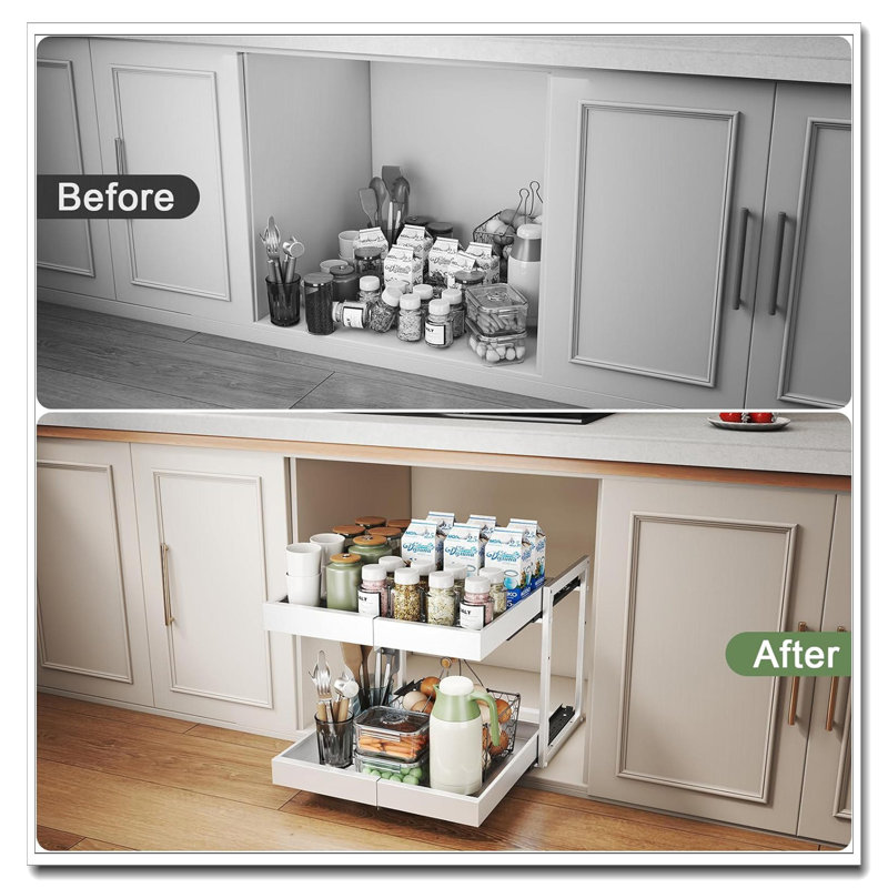 Rangement à 2 niveaux pour armoire coulissante (blanc) - Largeur et hauteur réglables, tiroirs extensibles pour armoires de cuisine / comptoir / garde-manger