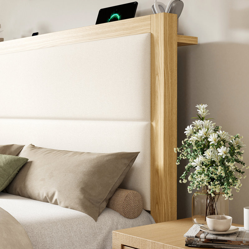 Lit plateforme en bois massif avec tête de lit tapissier, blanc, King, White