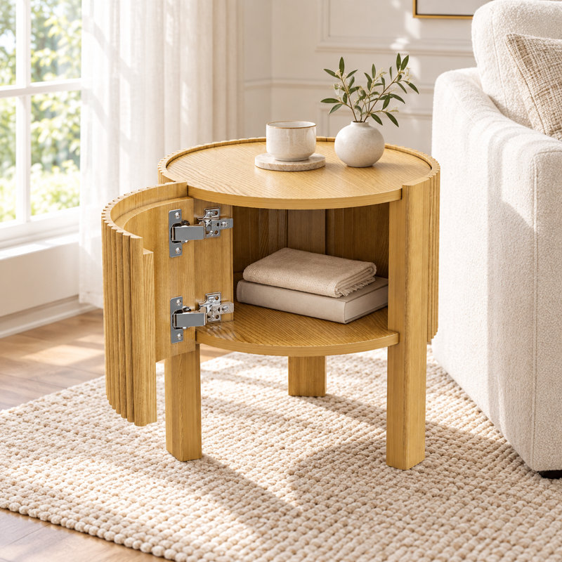 Table d'appoint ronde cannelée avec placard de rangement et porte à fermeture douce