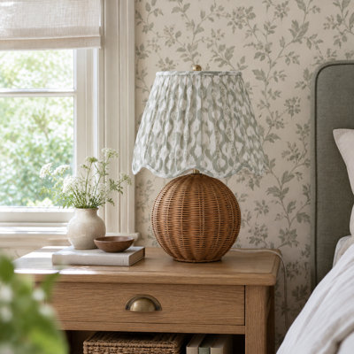 Rattan Table Lamp with Pleated Fabric Shade