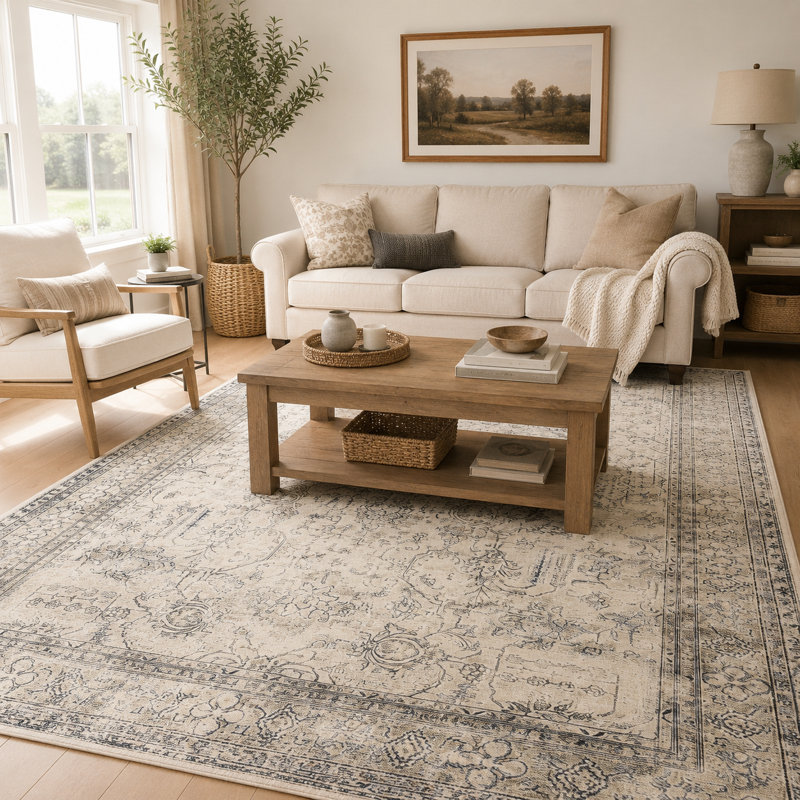Vintage Boho Washable Area Rug for Home and Office, Rectangle 10' x 13', Beige