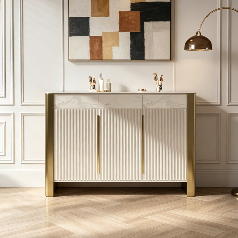 Buffet de rangement réglable de style italien, 43.31" H x 55.12" W x 13.78" D, Beige/Gold