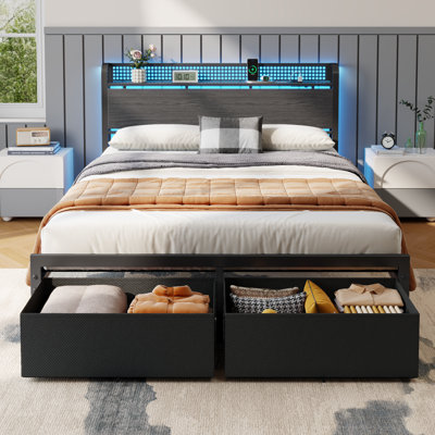 Bed Frame with Storage Headboard, Metal Platform Bed Frame, LED Lights and Charging Station