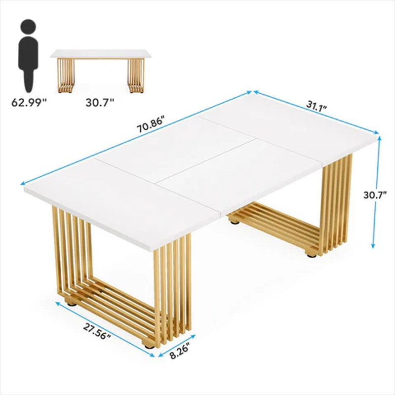 71-Inch Soft White Executive Desk with Gold Metal Frame, Rectangular MDF Work Surface