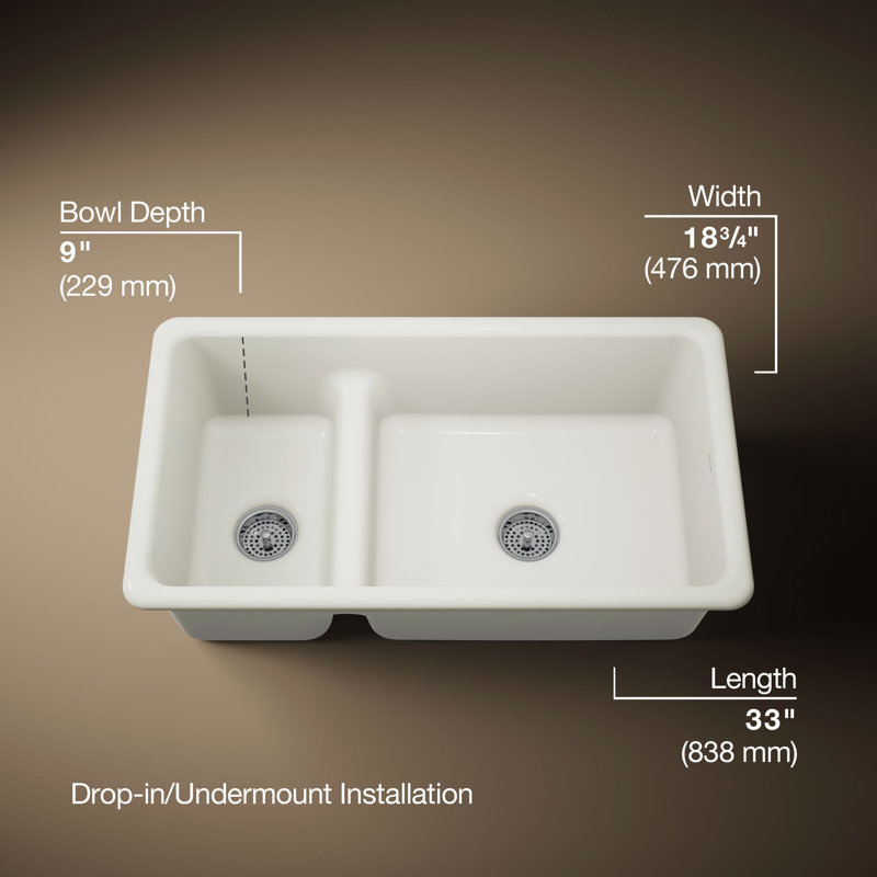 Iron Tones 33" L x 18.75" W Large/Medium Double-Bowl Kitchen Sink, Biscuit