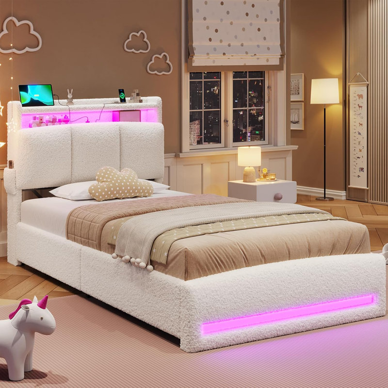 Lit plateforme tapissier avec rangement, Lit simple, Blanc, crème