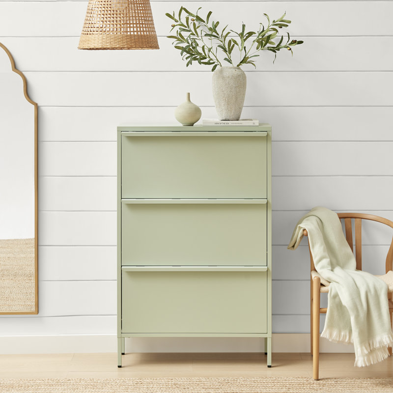 Erka Sleek Modern Metal Hallway Shoe Storage Cabinet With 3 Compartments - Bold Minimalist Style , Green