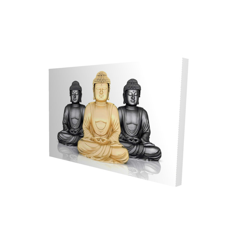 Trio de bouddhas - Toile spirituelle grise pour la décoration intérieure, H 36 po x l 24 po