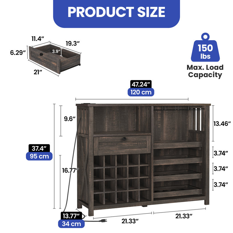 47” Rustic Brown Wine Bar Cabinet with Charging Station