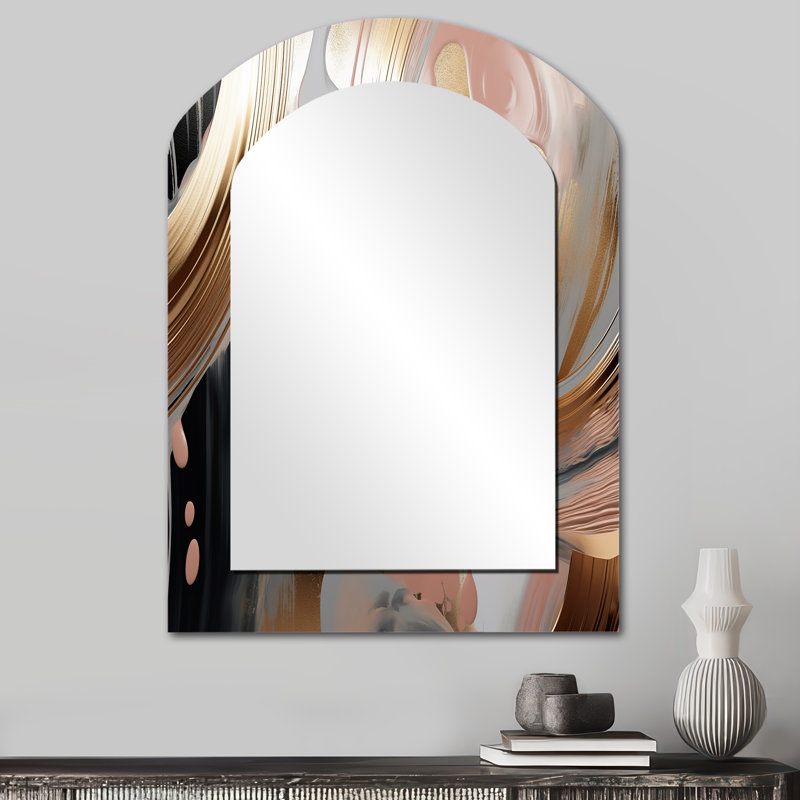 Abstract Golden and pink infinity circles VII - Liquid Ink Asymmetrical Unique Wall Mirror, Modern Arch Mirror, Printed Metal Art