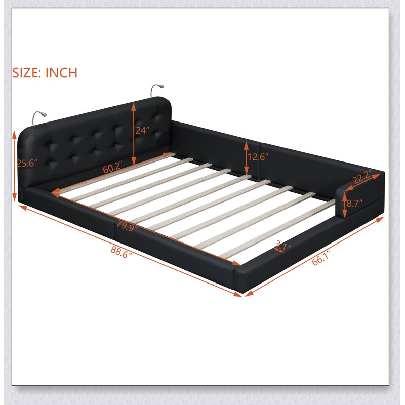 Upholstered Platform Bed With 2 Reading Lights, Black