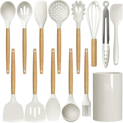 14 PCS Silicone Cooking Utensil Set, Wooden Handle Kitchen Utensils Set, Non-Stick,Heat Resistant, BPA Free