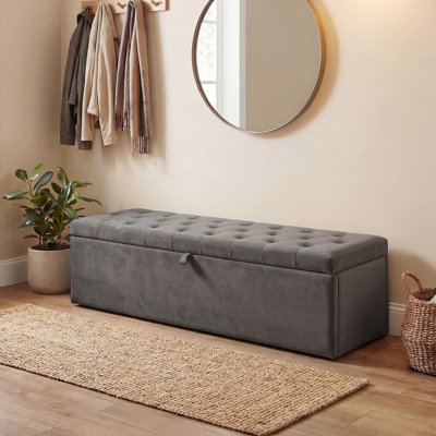 Repose-pieds moderne avec rangement, banc rembourré en velours, gris