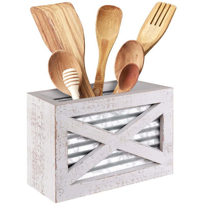 White Washed Wood and Galvanized Metal Farmhouse Utensil Crock