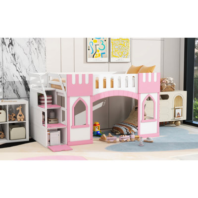 Twin Size Loft Bed With Window And Functional Storage Staircase In Pink - Robust Wood User- Delightful
