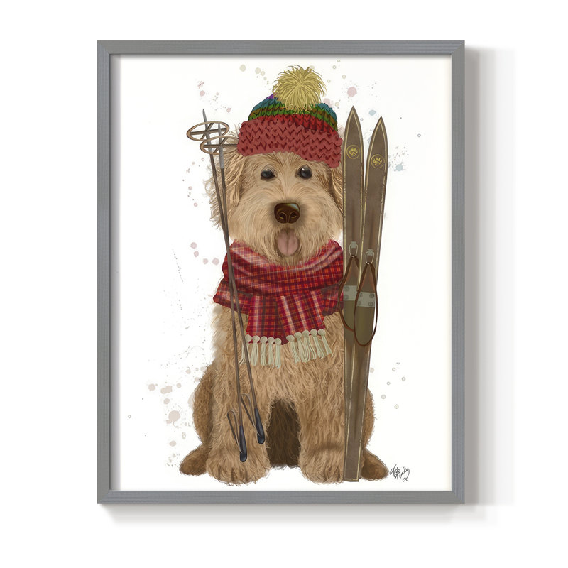Goldendoodle Ski Dog, reproduction encadrée - bois massif, H 21 po x l 17 po, Gris