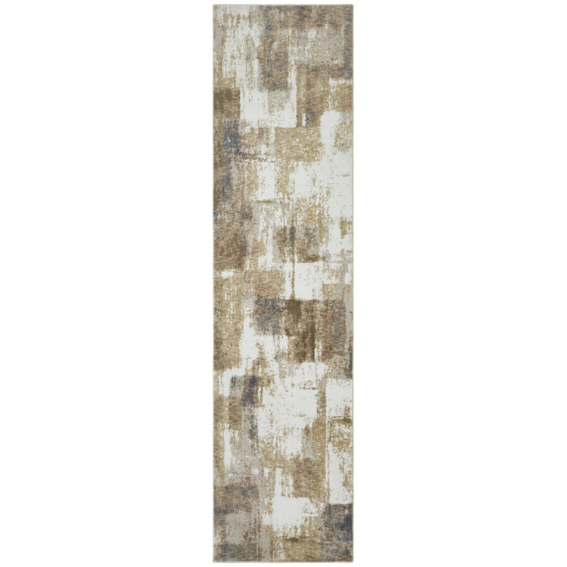 Wallburg Ivory Gold Brushblock Abstract Area Rug, Runner 2'6" x 10'
