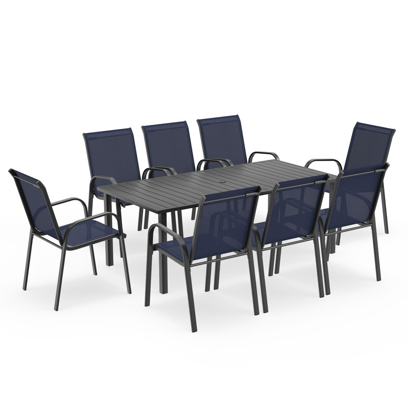 Ensemble repas de patio 9 pièces Christopher avec tissu bleu PVC-coated polyester, Marine, 8