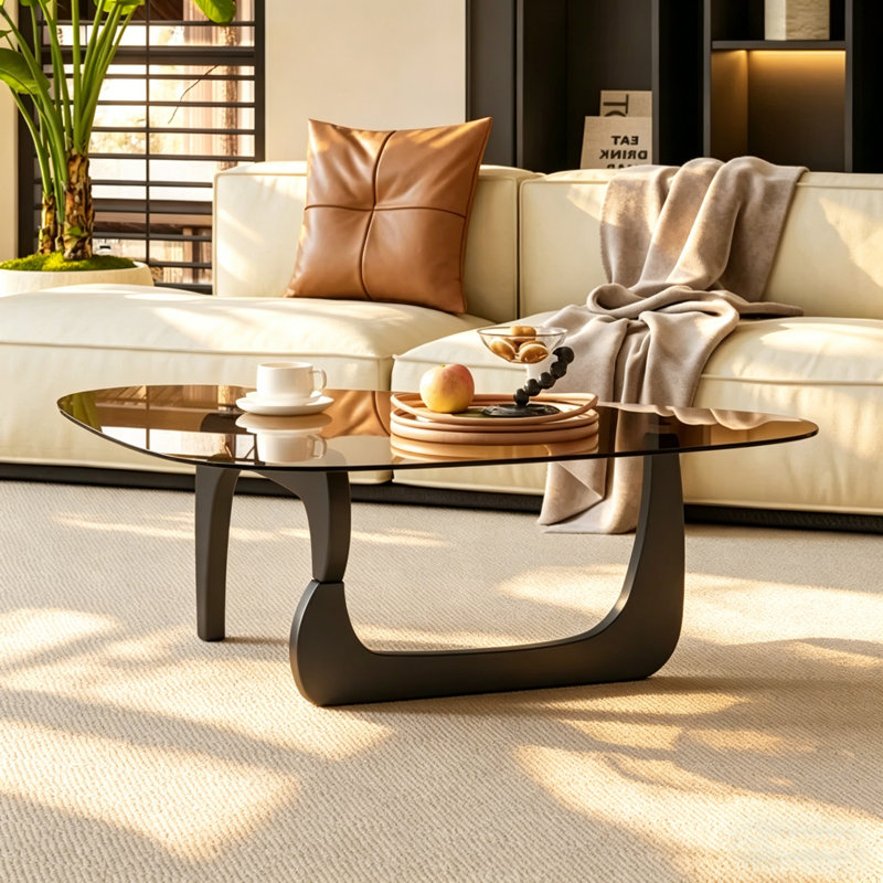 51" Triangle Glass Coffee Table With Solid Wood Base Clear Top Mid Century Center Table For Living Room, Quick Assembly