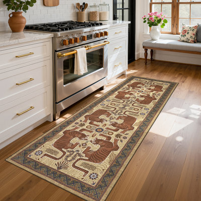 lxt-Washable Tiger Area Rug Boho Blue Vintage Tribal Animal Print Carpet Non-Slip Mark Resistant Modern Decor for Living Room, Bedroom, Office