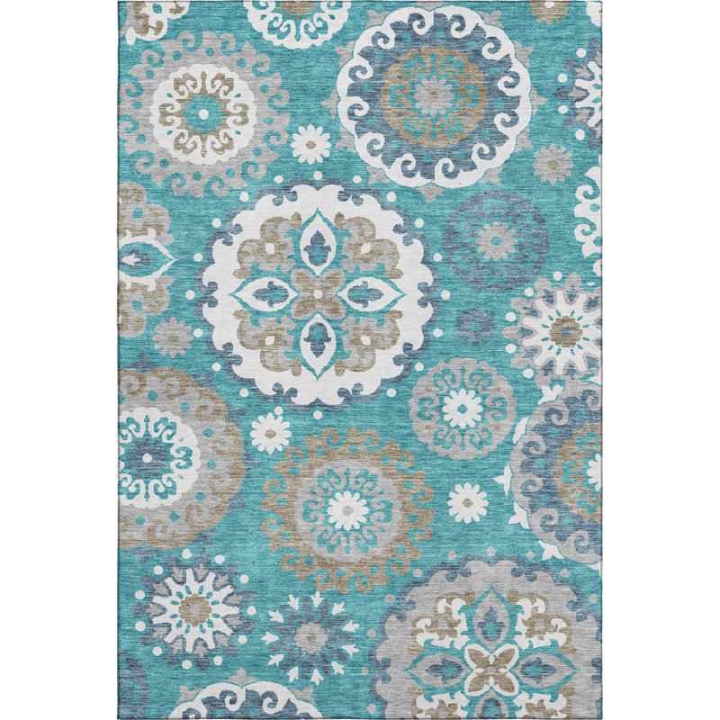 Premium Machine Washable Prisco Teal Rug, Rectangle 2'6" x 3'10"