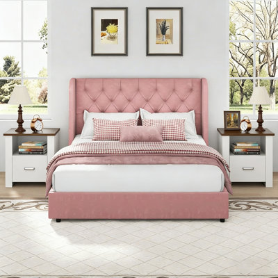 Wingback Velvet Upholstered Bed With 2 Farmhouse Nightstands – 3-Piece Bedroom Set