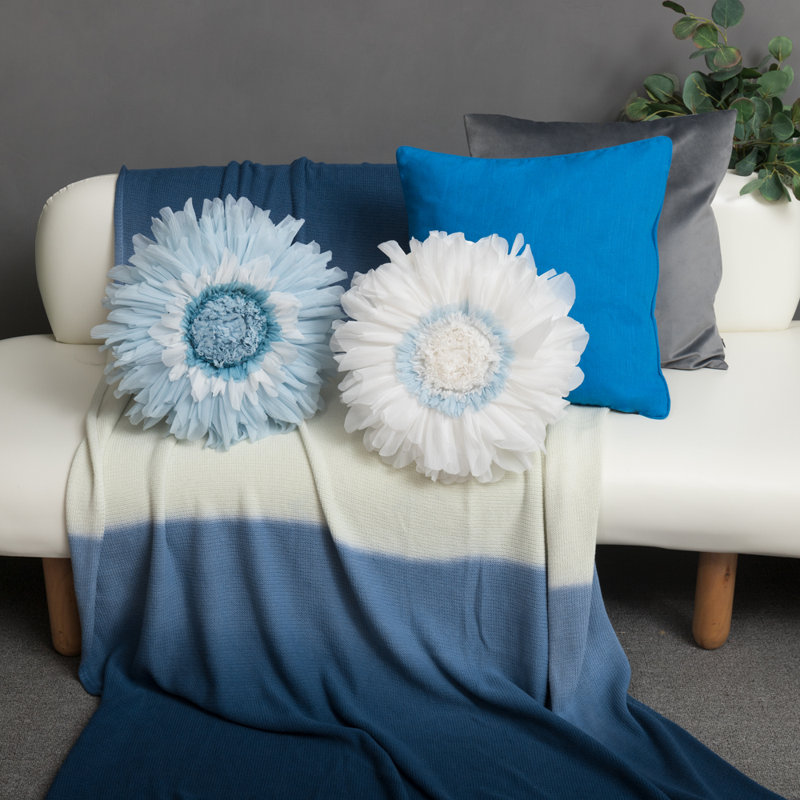 3D Flower Throw Pillow Accent Round Pillow 14 inches, Blue