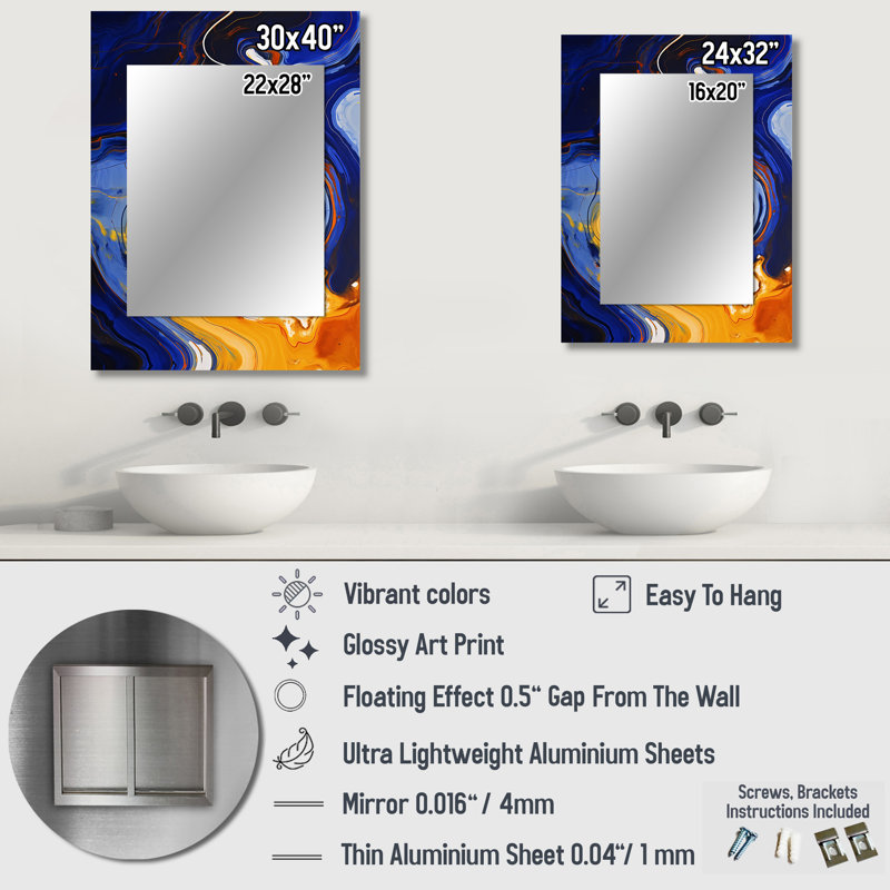 Yellow And Blue Liquid Ink River I - Yellow Modern Wall Mirror, 40" x 30"