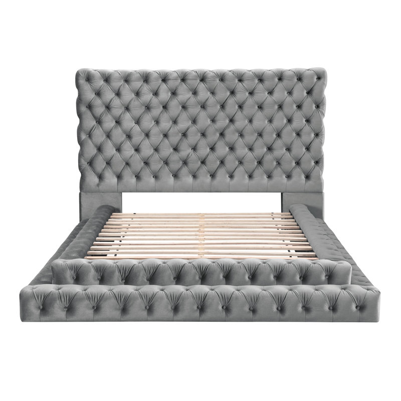 Deskins Low Profile Tufted Upholstered Platform Bed, Gray, Queen