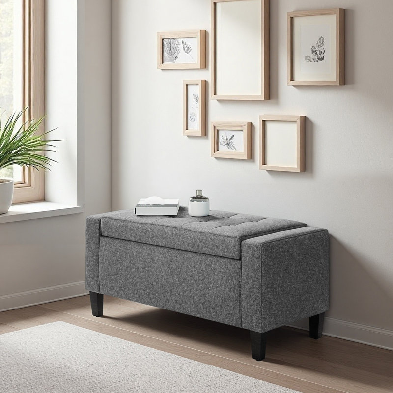 Repose-pieds avec rangement, banc de rangement rembourré en lin avec plateau relevable et capitonnage à boutons pour le salon