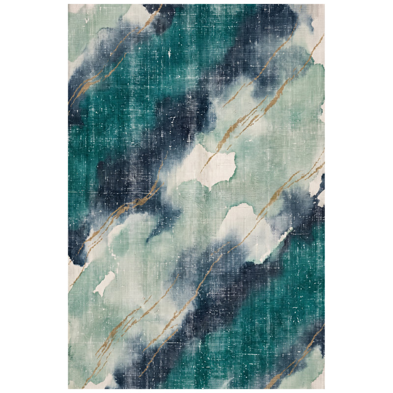 Tapis Somerset moderne à l'aspect vieilli, aquarelle abstraite, bleu sarcelle et blanc, lavable à la machine, antidérapant, à poils courts, pour l'intérieur et l'extérieur, adapté aux animaux domestiques, idéal pour le salon, la chambre, la salle à manger, l'entrée, le couloir ou le bureau.