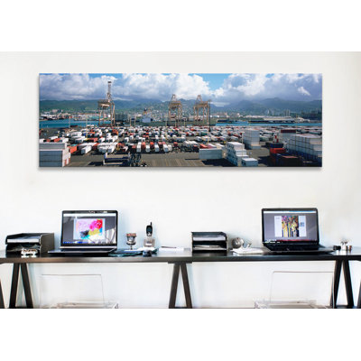 «Contenants et grues à un port, Honolulu Harbour, Hawaï», reproduction de photo sur toile